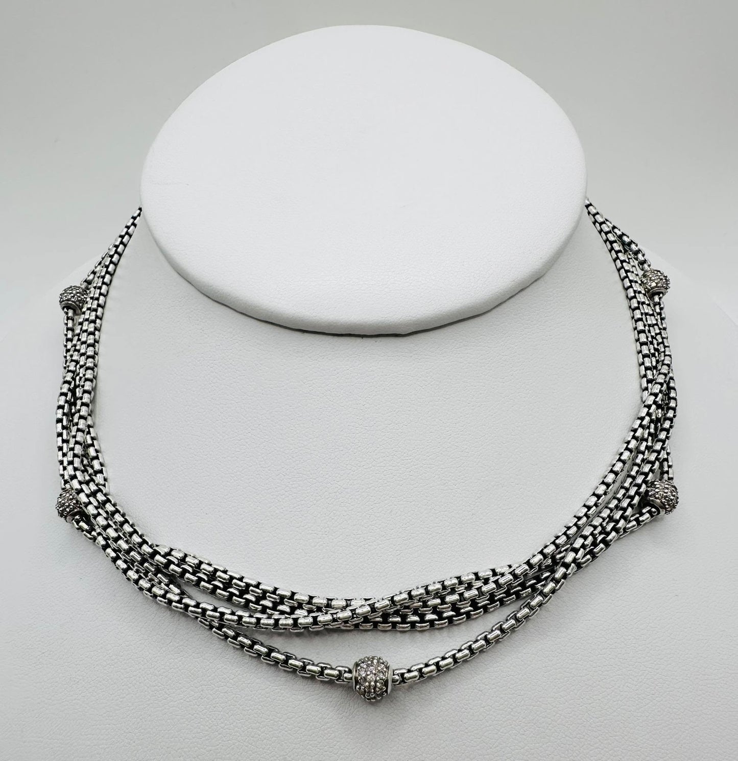 Sterling & 18K Yurman Multi Strand Box Link Necklace With Pave' Diamond Bead