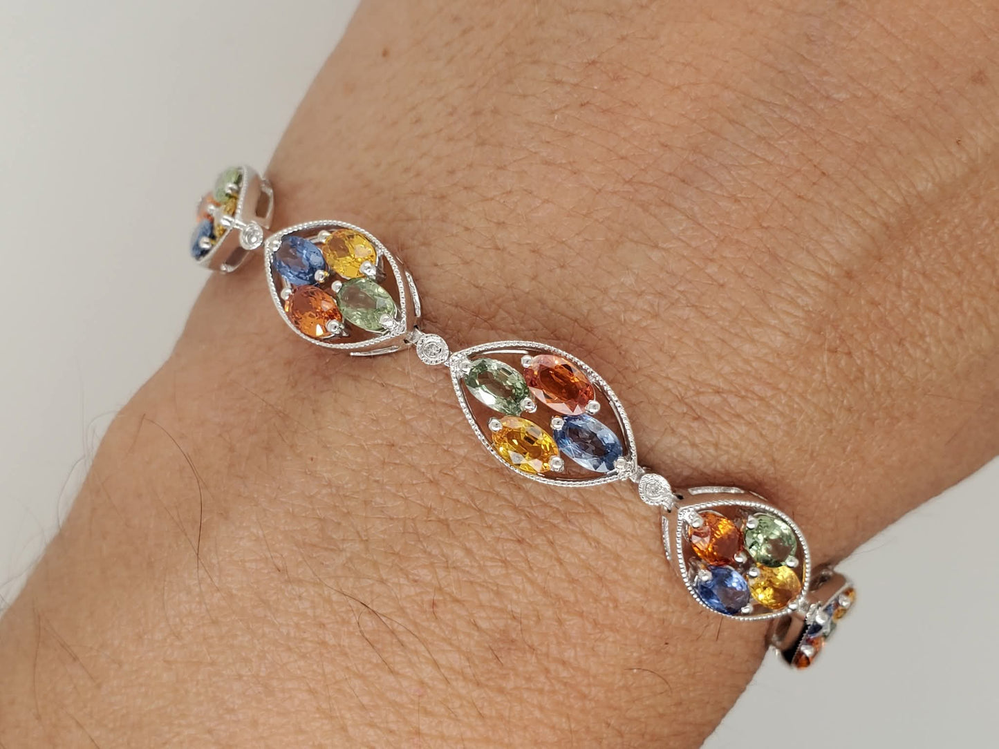14K Multi Colored Marquise Sapphire & Diamond Bracelet.