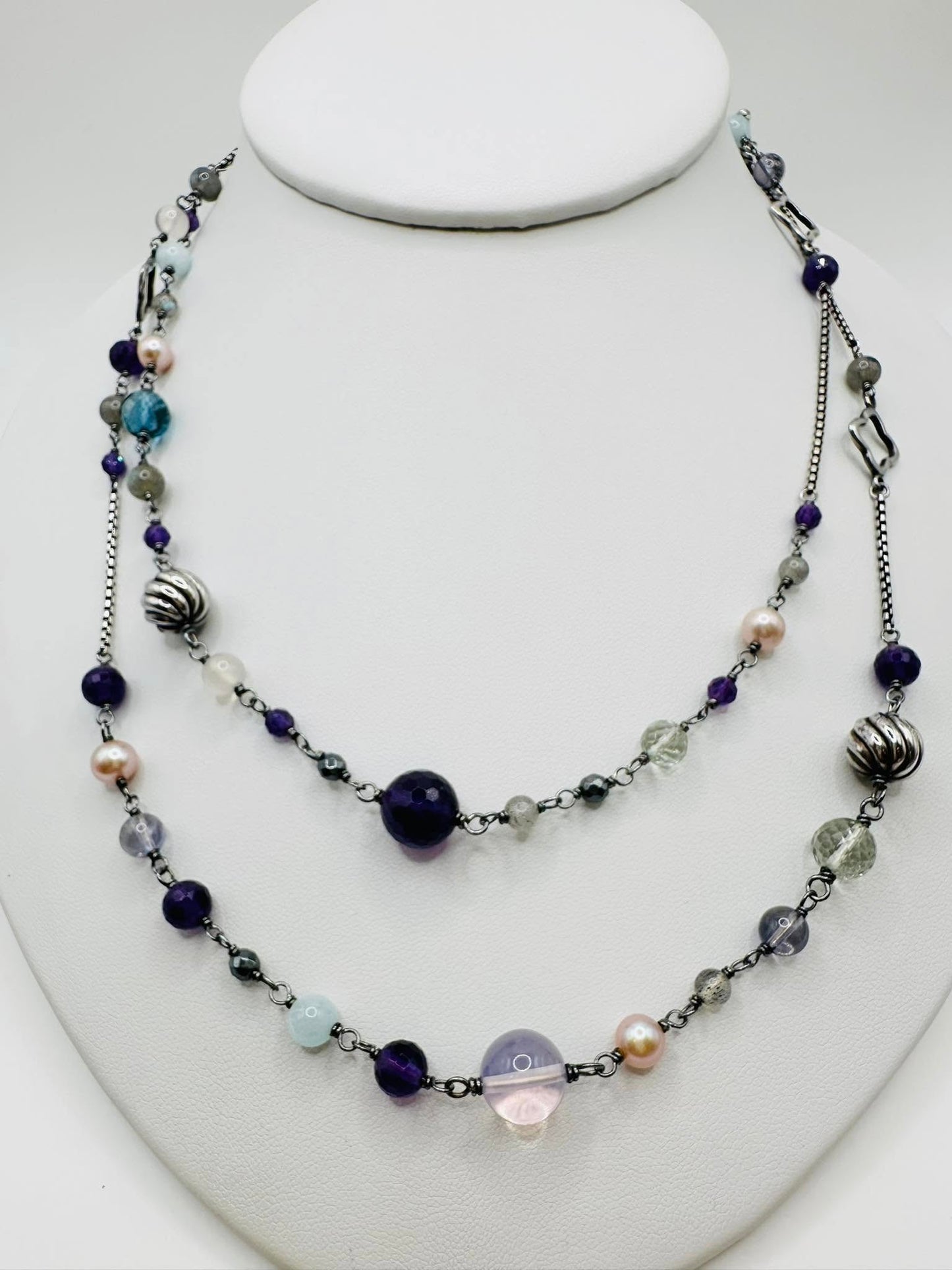 Sterling 24" Yurman"Bijoux" Toggle Closure Necklace ,Amethyst ,Labradorite ,London Blue Topaz ,Pearl,Prasiolite,Hematite
