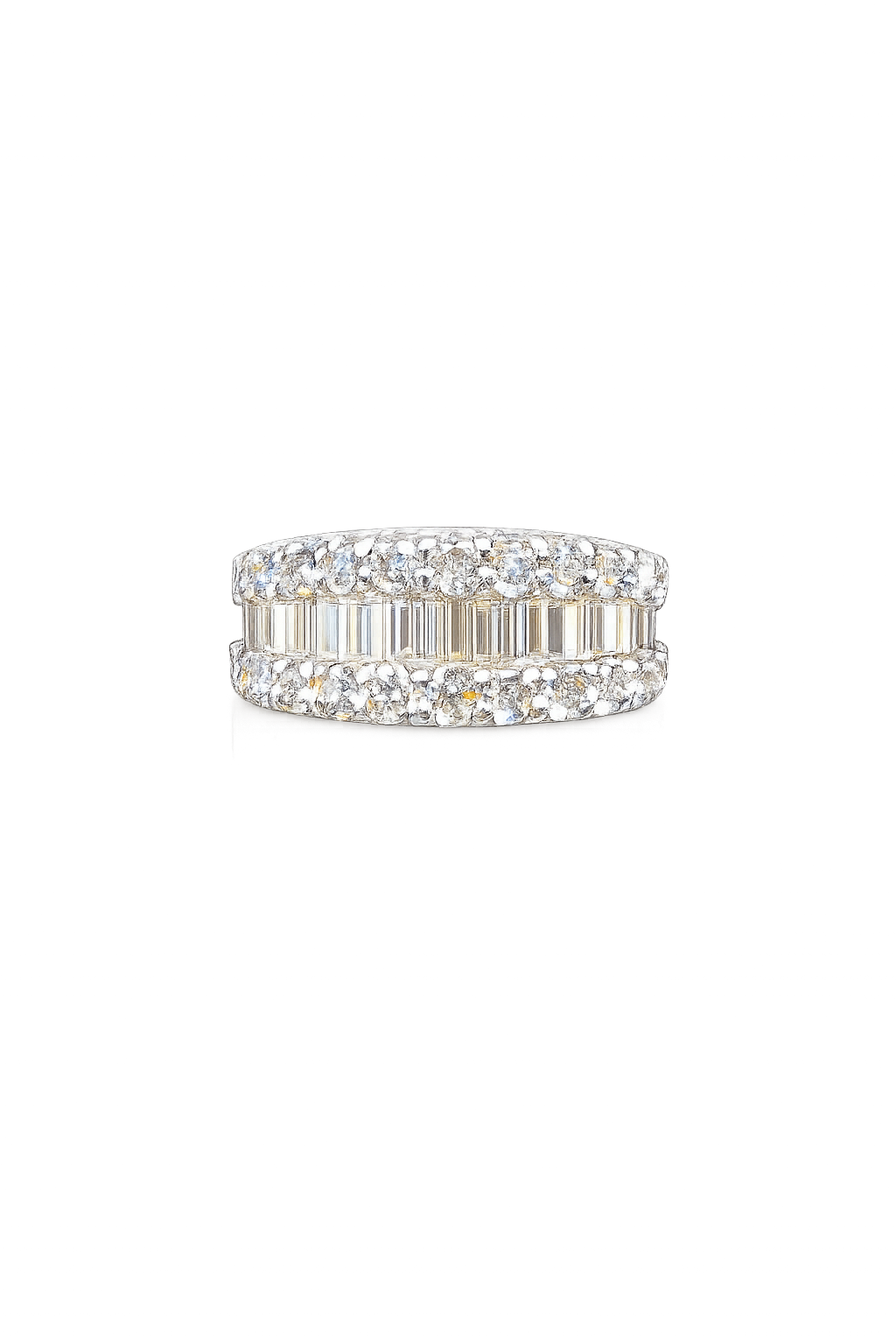 Platinum 3 row Diamond Band featuring 3.02ct Total Weight of Round & Baguette Natural Diamonds