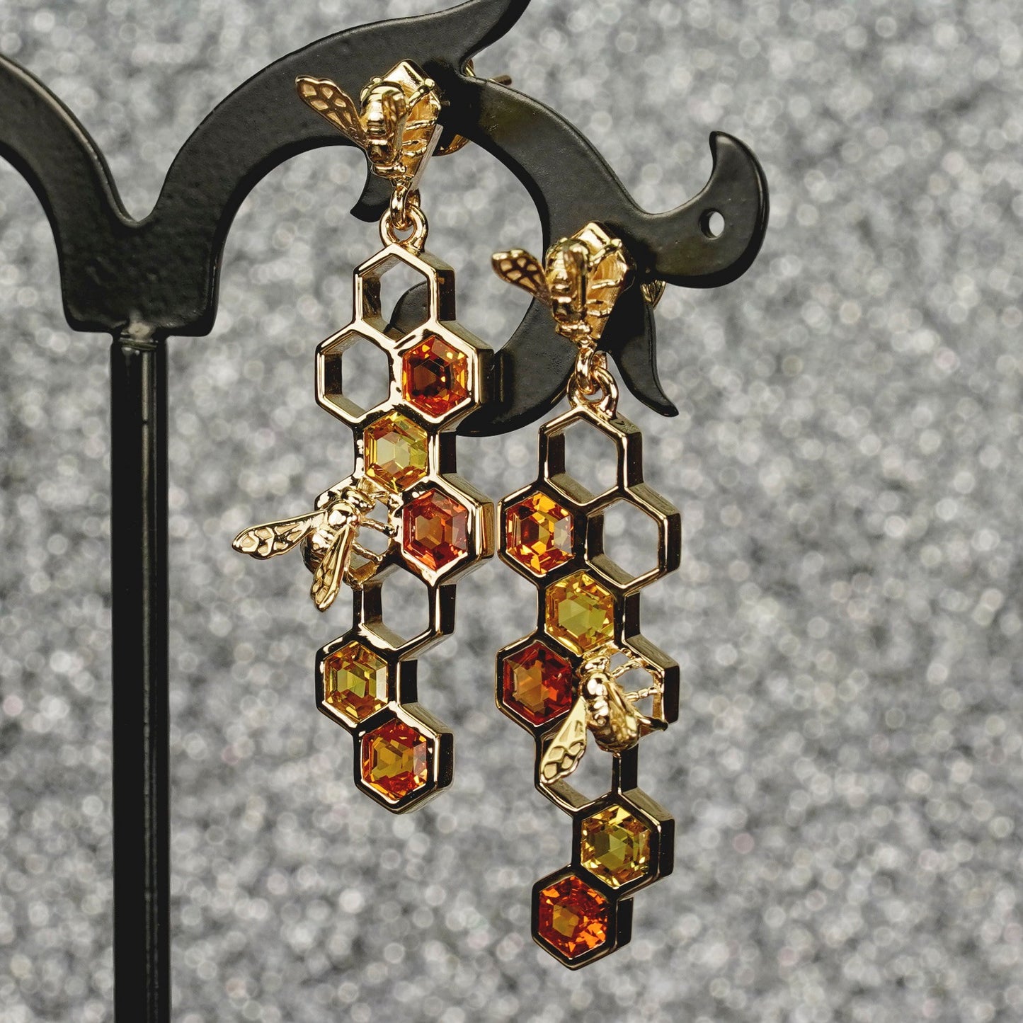 14K Genuine Sapphire Honeycomb & Bee Design Earrings