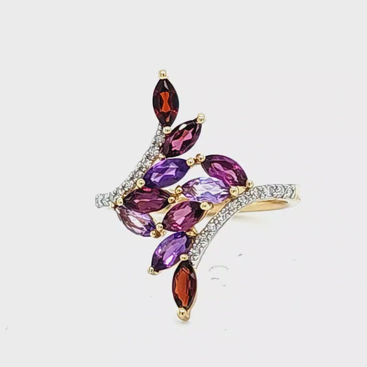 10K Yellow Gold Rhodolite, Garnet, Amethyst & Diamond Bypass Style Ring