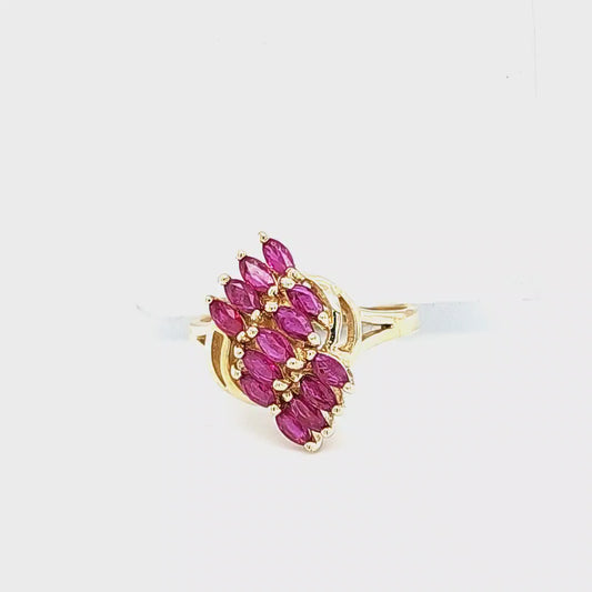 14K Yellow Gold Marquise Ruby Cluster Ring