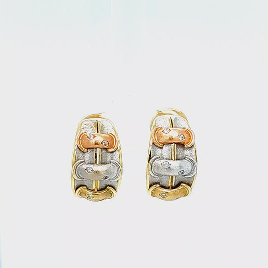 14K Tri-Color Half Hoop Earrings With Inset Diamonds
