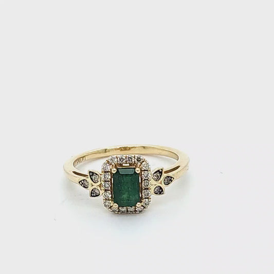 14K Le Vian Emerald Cut Genuine Emerald &  Cocolate  And White Diamond Ring