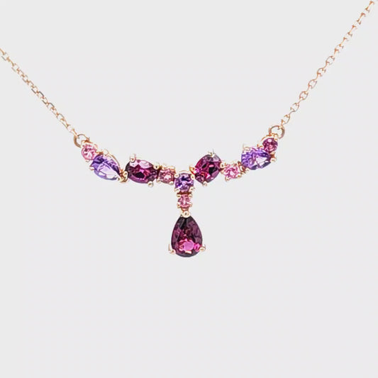 10K Rose Gold Rhodalite, Amethyst & Pink Tourmaline Adjustable 15"-17" Necklace