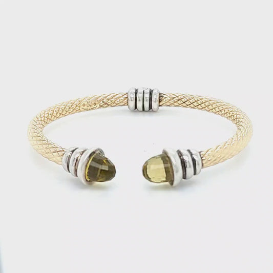 14K & Sterling Designer Cuff Bracelet With Faceted Quartz Ends