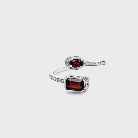 10K White Gold Bypass Oval & Emerald Cut Garnet & Diamond Bypass Ring