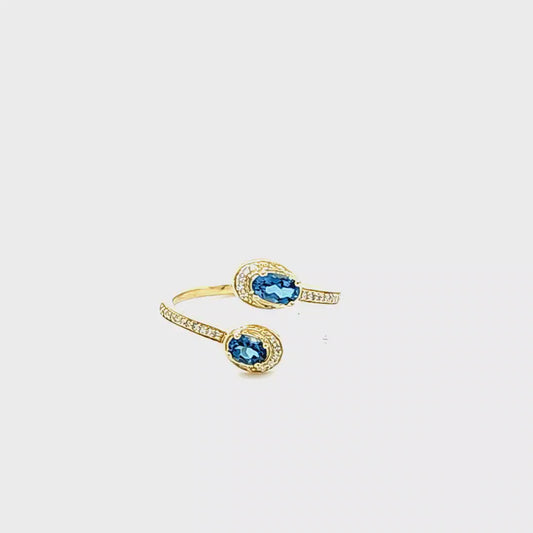 10K Yellow Gold Blue Topaz & Diamond Bypass Ring