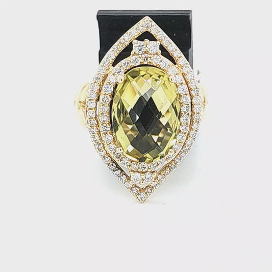 14K  Oval Checkerboard Cut Natural Lemon Quartz & Diamond Double Halo Design Ring