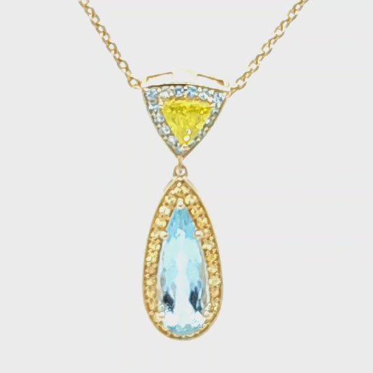 14K Yellow Gold One Of A Kind Custom Pendant Featuring Aquamarine, Blue Topaz, Yellow Sapphire And Treated Yellow Diamond