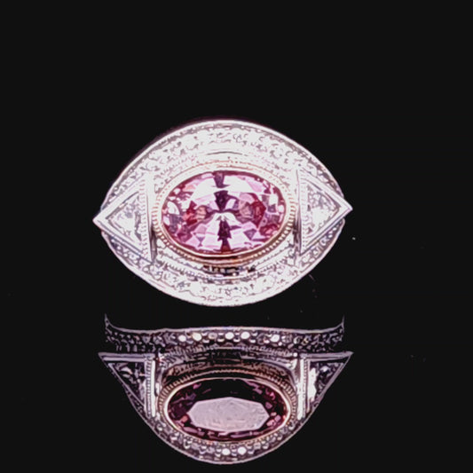 14k White & Pink Gold Custom Design Ring Featuring A 3.15ct Oval Genuine Pink Spinel And .96ct Total Weight Of Triangle & Round Diamonds
