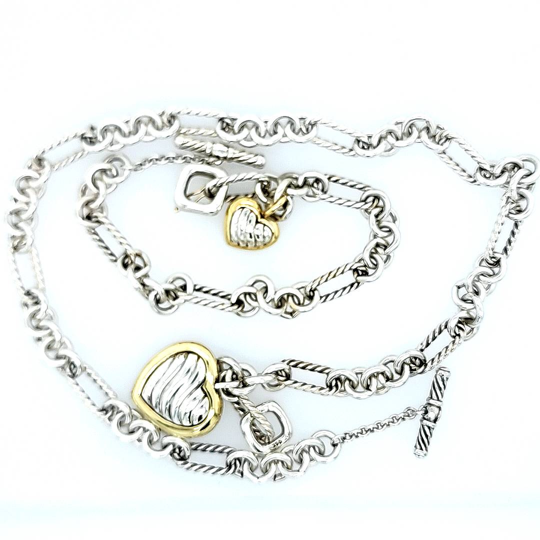 David Yurman Sterling & 18K Figaro Heart Necklace & Bracelet Set