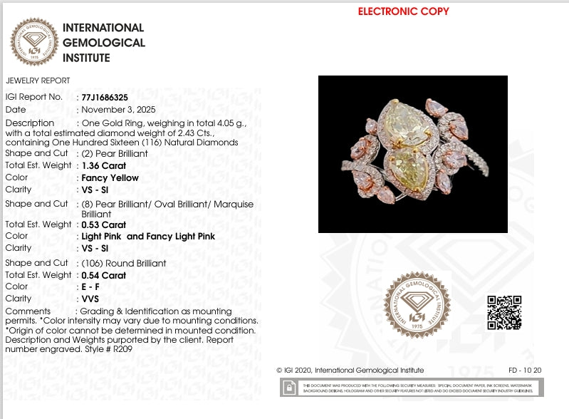 18K White Gold Natural Fancy Yellow, Fancy Pink And White Diamond Ring