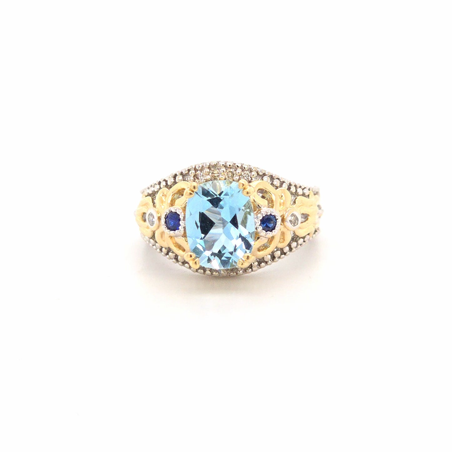 14K Two Tone Genuine Aquamarine, Sapphire & Diamond Ring