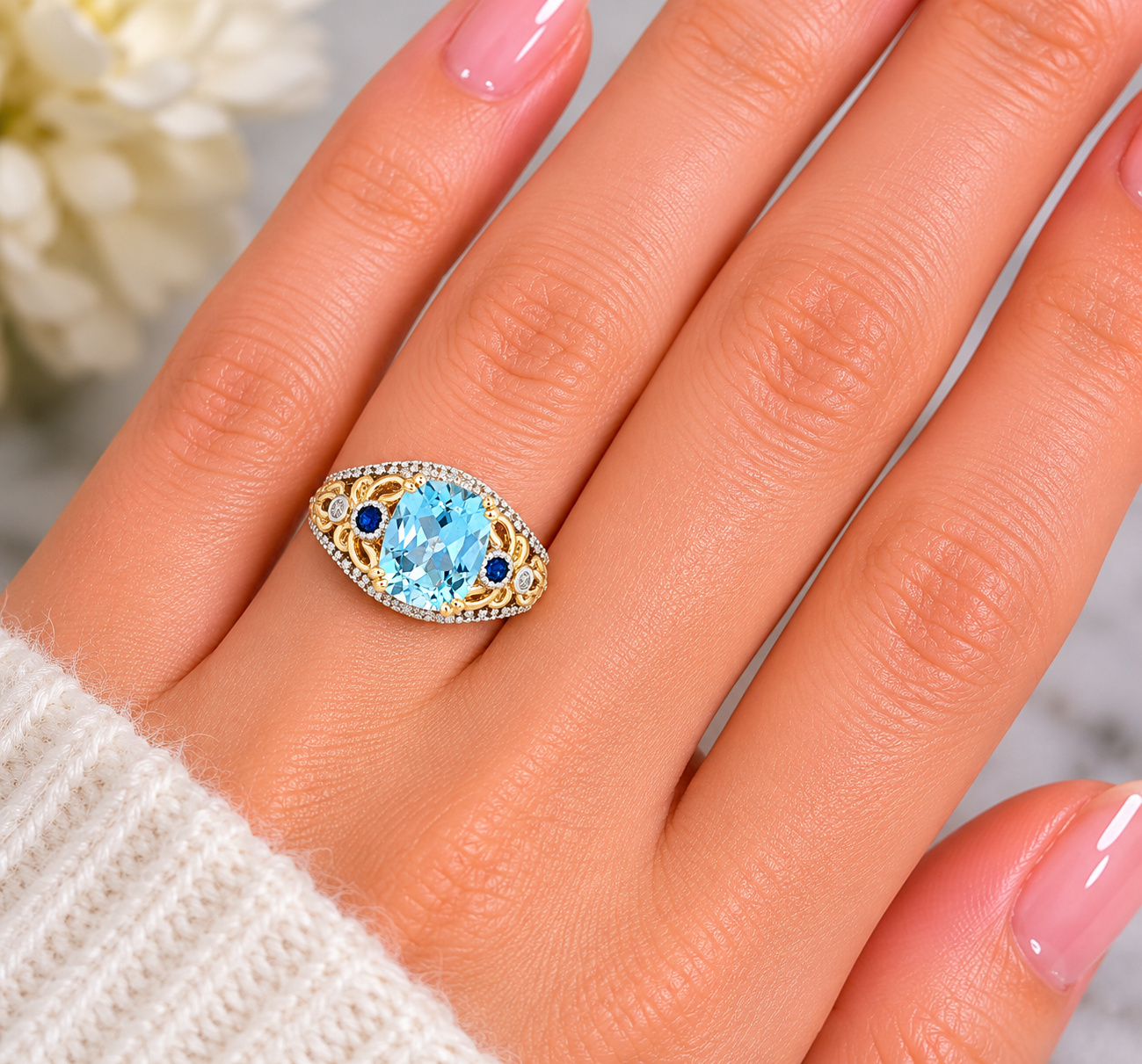 14K Two Tone Genuine Aquamarine, Sapphire & Diamond Ring