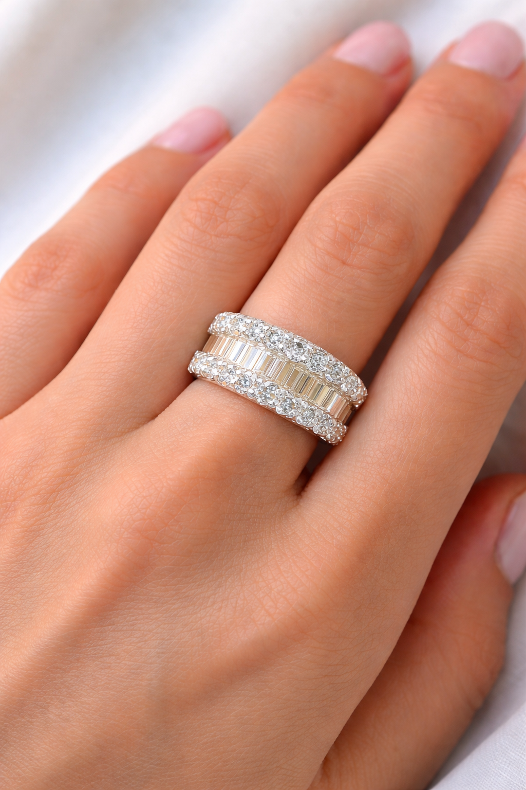 Platinum 3 row Diamond Band featuring 3.02ct Total Weight of Round & Baguette Natural Diamonds