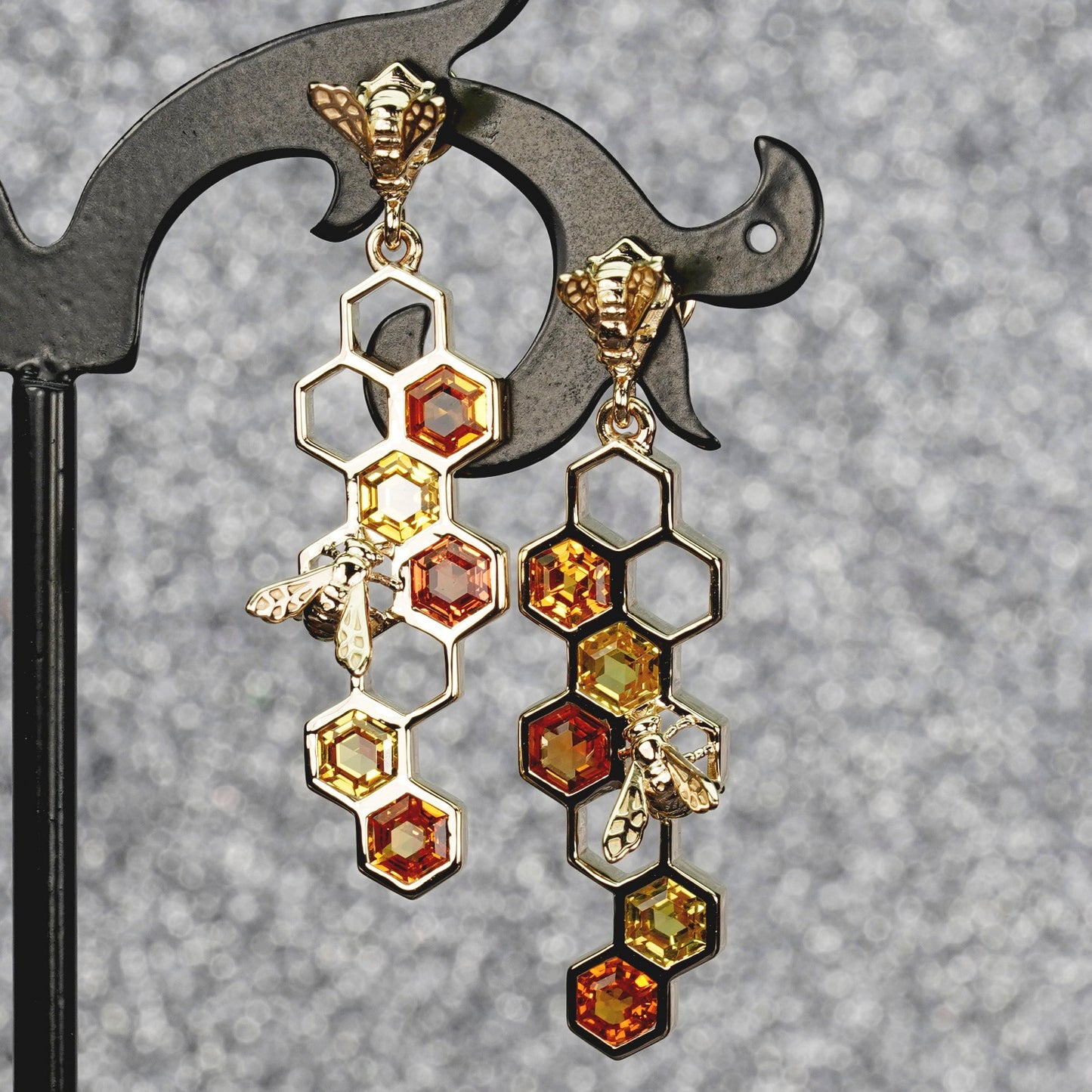 14K Genuine Sapphire Honeycomb & Bee Design Earrings