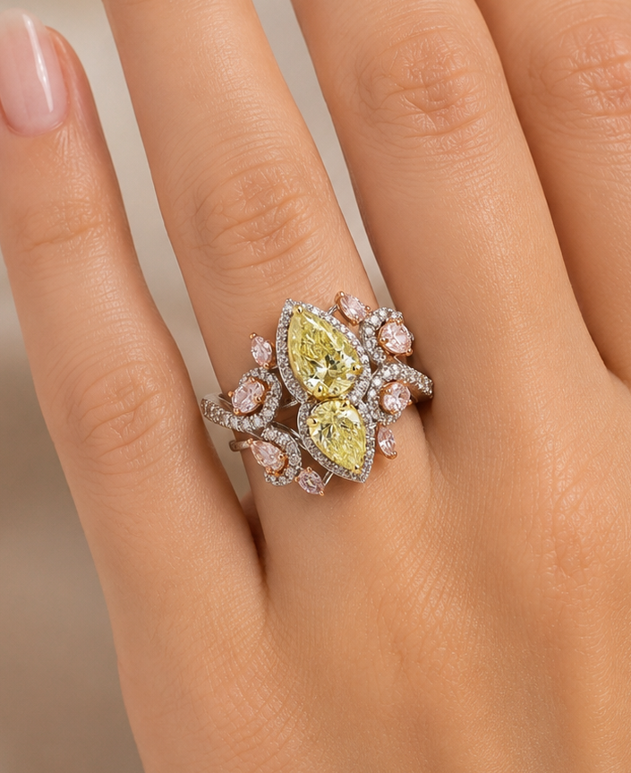 18K White Gold Natural Fancy Yellow, Fancy Pink And White Diamond Ring