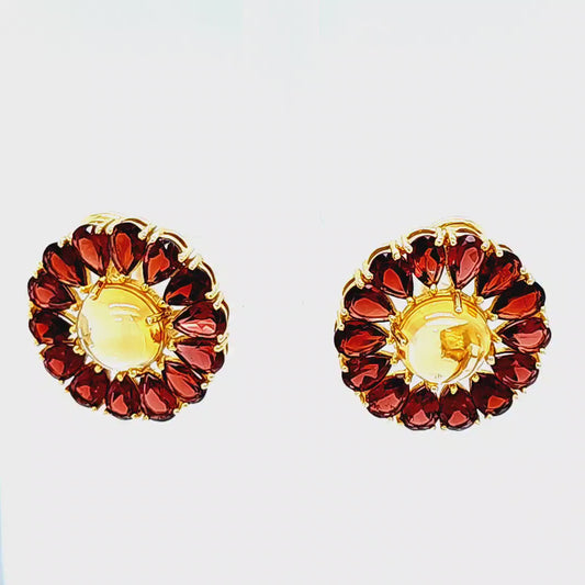 14K Yellow Gold Cabochon Citrine & Pear Shape Garnet Earrings