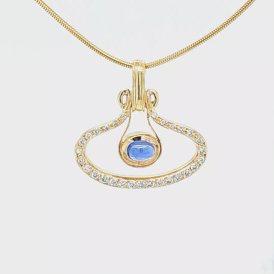 18K Yellow Gold Cabochon Sapphire Enhancer Pendant With Diamonds On Snake Chain