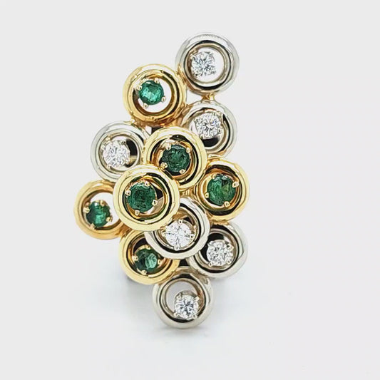 18K Yellow & White Gold Natural Emerald & Diamond Multi Circle Design Ring