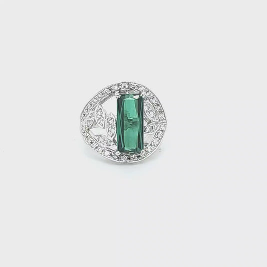 Platinum Custom Design Fine Green Tourmaline & Diamond Ring