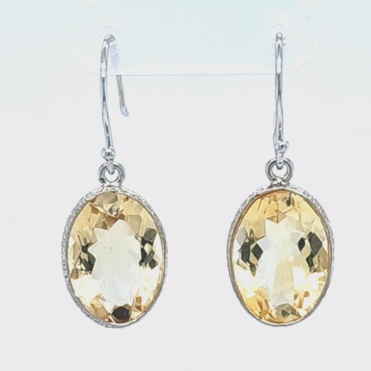 Sterling Silver Bezel Set Genuine Citrine Dangle Earrings