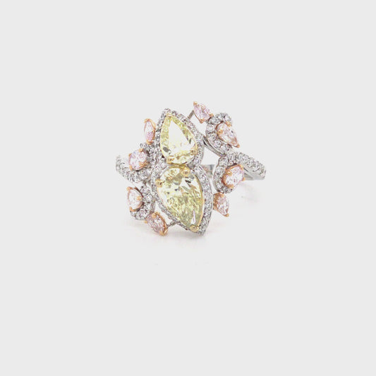 18K White Gold Natural Fancy Yellow, Fancy Pink And White Diamond Ring