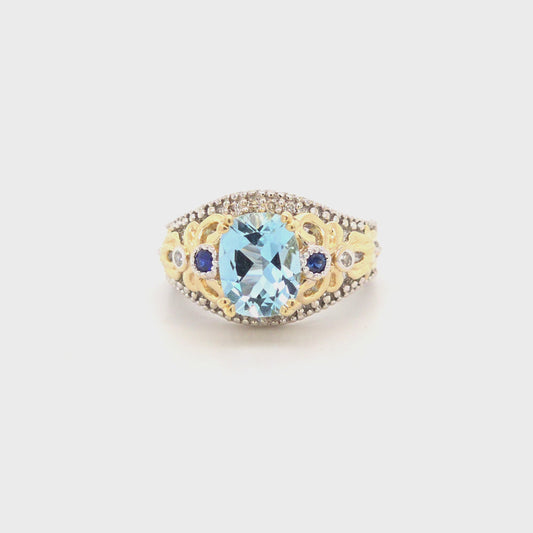 14K Two Tone Genuine Aquamarine, Sapphire & Diamond Ring
