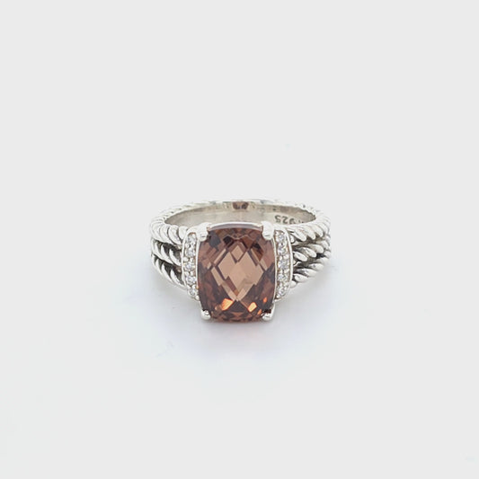 Designer D.Y. Sterling Silver Smokey Quartz & Diamond  "Wheaton" Ring