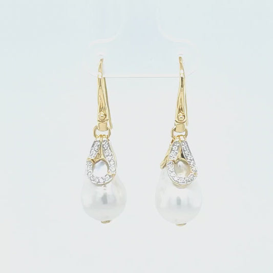 18K Yellow Gold John Hardy "Bamboo" Cultured Freshwqter Pearl & Diamond Dangle Drop Earrings