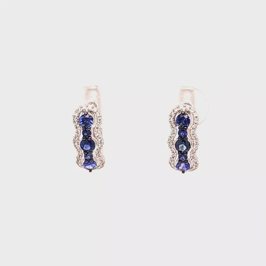 18K White Gold Diamond & Sapphire Huggy Earrings