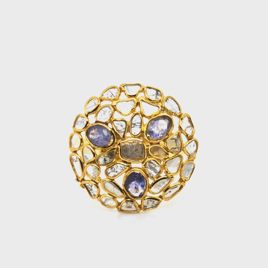 Sterling Silver Vermeil Slice Diamond & Sapphire Ring