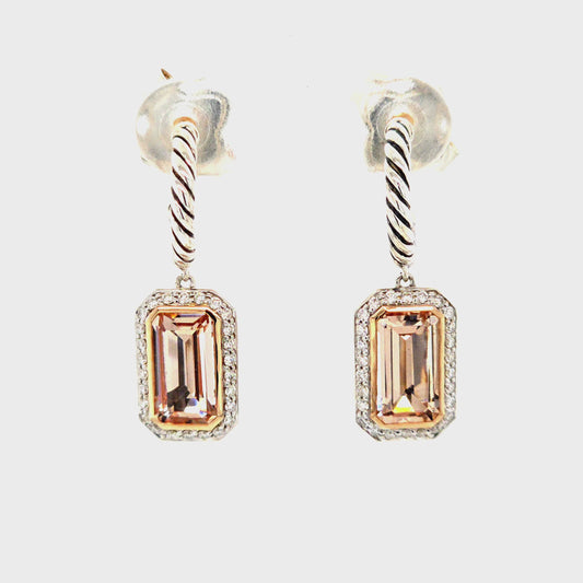 Designer "Yurman" Sterling & 18K "Novella" Drop Earrings Featuring Morganite Diamonds