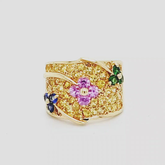 18K Levian Multi Color Sapphire Pave' & Flower Design Ring