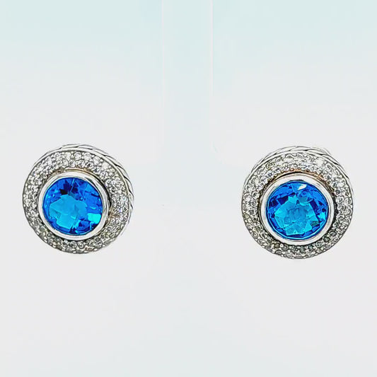 David Yurman Sterling Silver Blue Topaz and Pave Diamond Earrings from the Cerise Collection.