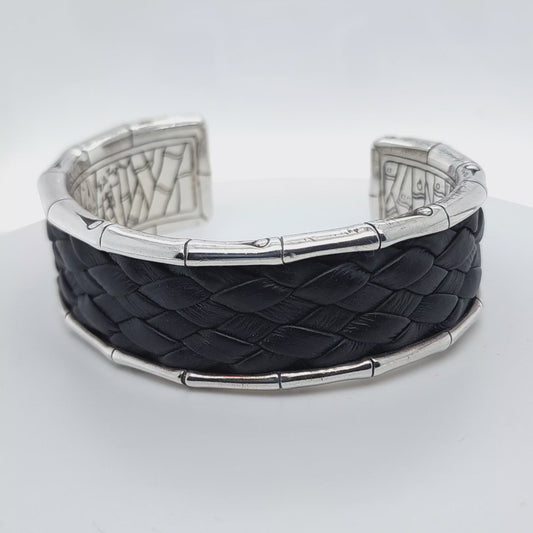 Sterling Silver "John Hardy" Braided Leather Bamboo Cuff Bracelet