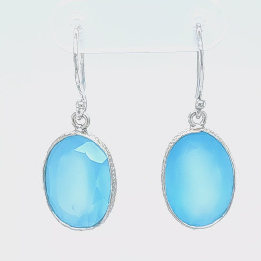 Sterling Silver Bezel Set Genuine Blue Agate Dangle Earrings