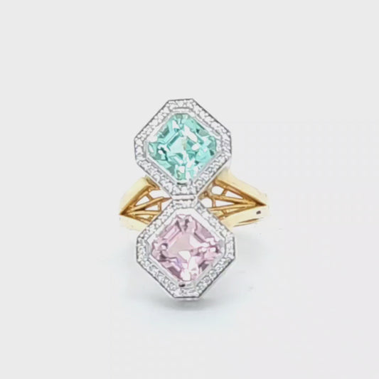 Custom Design 14K Two Tone Ring Containing Genuine Pink And Mint Green Tourmalines Totaling 4.75ct. Total Weight And .22ct Total Weight Of Diamonds