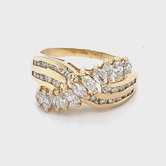 14K Yellow Gold Natural Round & Marquise Diamond Crossover Ring