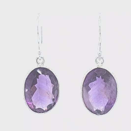 Sterling Silver Bezel Set Genuine Amethyst Dangle Earrings