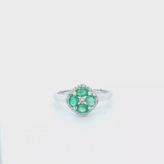 14K Four Oval Genuine Emerald & Diamond Ring