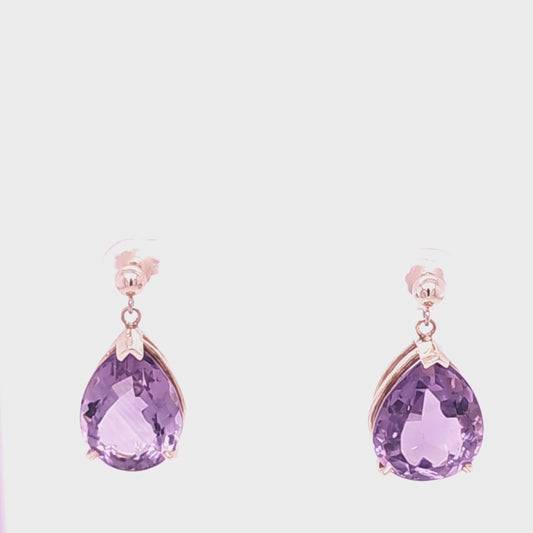 14K Yellow Gold Large Pearshape Amethyst Dangle Earrings